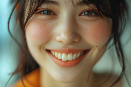 Close-up portrait of a beautiful smiling girl with frecklesの素材