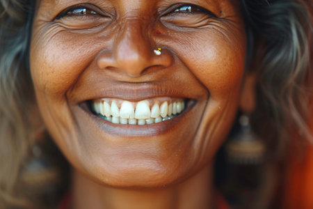 Close-up of a beautiful African woman smiling at the camera.の素材