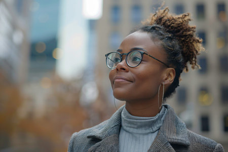 African black business woman Smiling looking up Successful woman entrepreneur.の素材