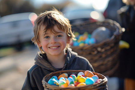 A triumphant child holding up a basket filled to the brim with Easter eggs, beaming with pride and joy at their successful huntの素材