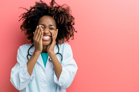 Female doctor covering eyes with hands, smiling happilyの素材