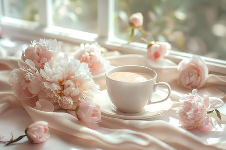 Cup of coffee and flowers displayed on window sillの素材