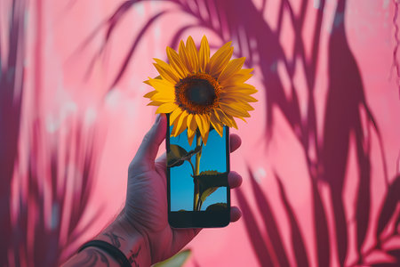 Person holding a cell phone with a sunflower displayの素材