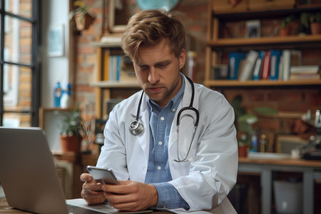 A doctor is working at a desk with a laptop and cell phoneの素材