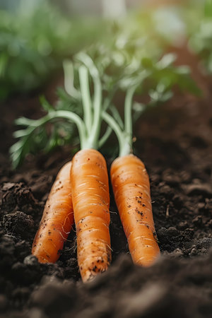 Three superfood carrots growing in a natural foods gardenの素材