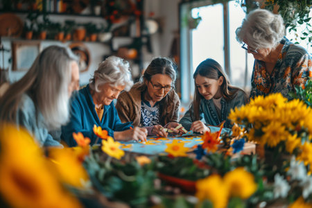 a group of elderly women are sitting around a table with flowersの素材