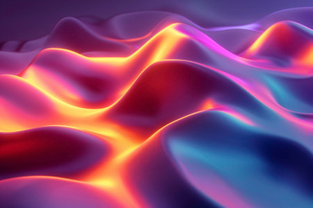 Vibrant computergenerated wave art in hues of purple, pink, orange, and violetの素材