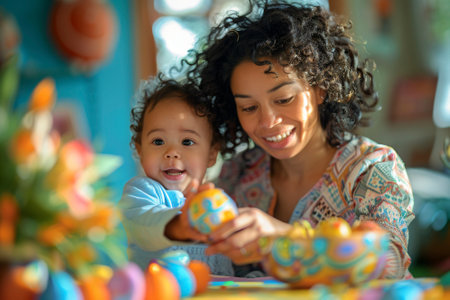 a woman and a baby are decorating easter eggs at a tableの素材