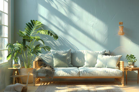 Cozy living room with couch, plants, and a view from the windowの素材
