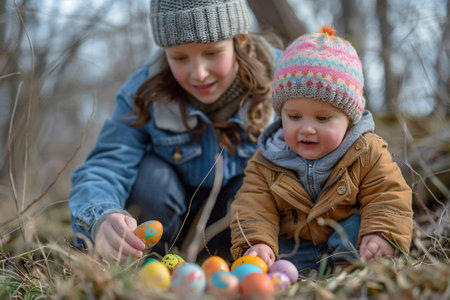 A happy woman and child in outerwear play with Easter eggs, smiling in the grassの素材