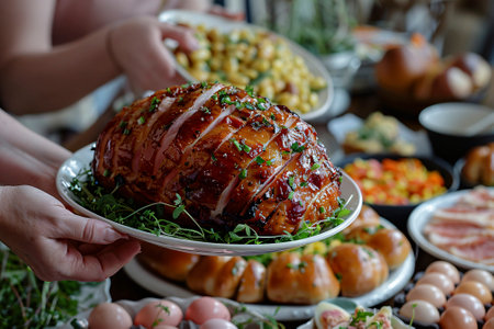 Person holding plate of food in front of table full of ingredients for recipeの素材