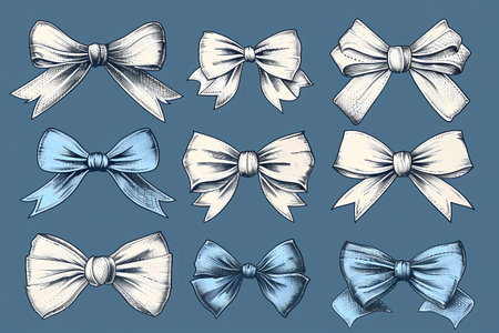 Various bows on blue backdrop with white, black, purple, and grey huesの素材