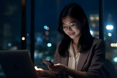 a woman is sitting at a desk using a laptop and a cell phone at nightの素材