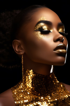 A close up of a womans lip with gold makeup and a gold necklaceの素材