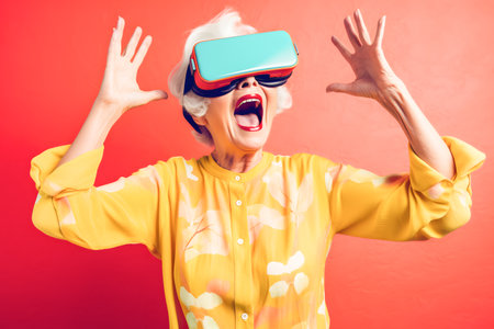 Elderly woman performing arts with VR headset, smiling in entertainment gestureの素材