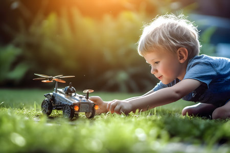 Happy toddler playing with toy car in grassy natural landscapeの素材