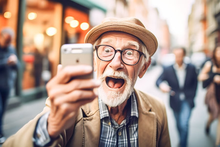 An elderly man wearing glasses and a hat takes a cool selfie while travelingの素材