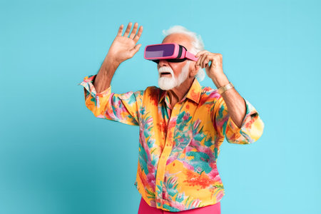 Elderly man happy in VR eyewear, enjoying nature in skyの素材