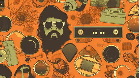 an orange background with a bearded man wearing sunglassesの素材