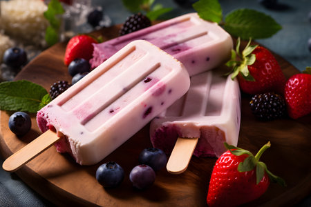 Food Wooden cutting board with plantbased ice cream and fresh strawberriesの素材