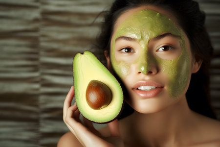 Woman wearing avocado mask holds ripe avocado in front of face at food eventの素材