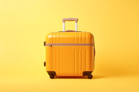 A yellow suitcase rests on a vibrant yellow backdropの素材