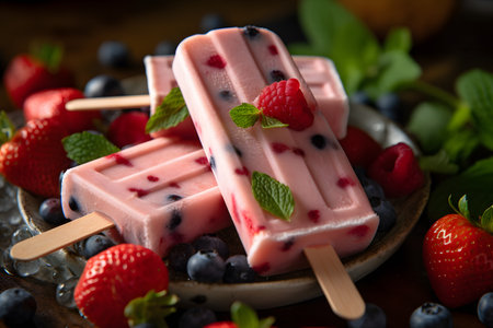 Two fruitfilled ice cream bars on a plate with strawberries and blueberriesの素材