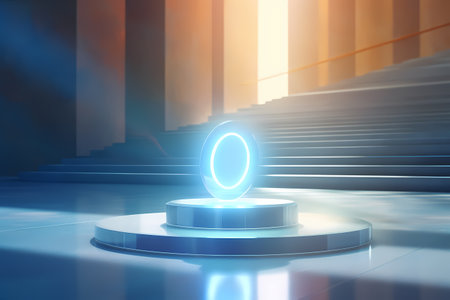 a podium with a light coming out of it in a room with stairsの素材