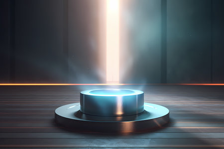 a metal object is sitting on a wooden table with a light coming out of itの素材