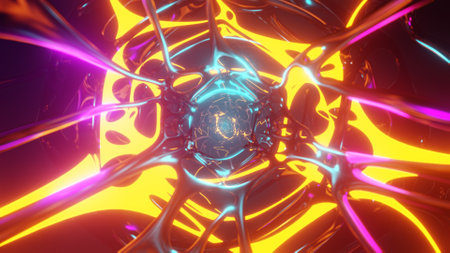 A 3D rendering of a futuristic tunnel with neon lights emitting a vibrant purple and electric blue colorfulness. The symmetrical pattern of circles creates an artful and mesmerizing spaceの写真素材