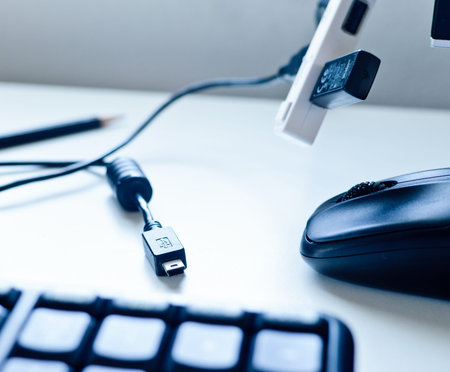 USB cable  and mouse in blue duotone