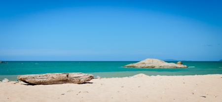 Rock and log on a sunny beach with blue skyの写真素材