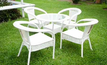 relax backyard with white table and chairsの写真素材
