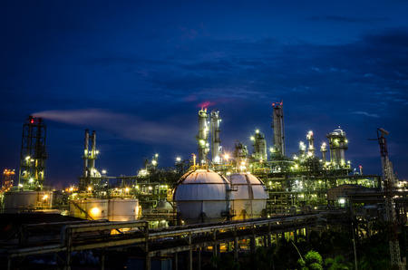 Petrochemical plant tower and sphere tank at twilightのeditorial素材