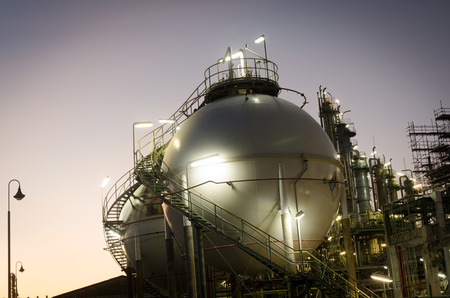 Sphere tank storage gas at dawn petrochemical plantのeditorial素材