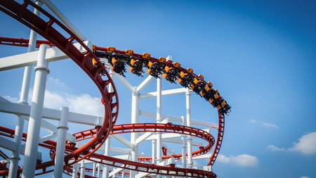Roller Coaster in amusement park on blue sky