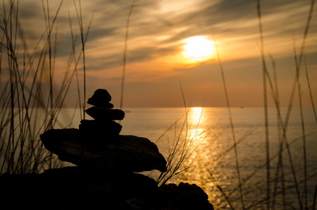 Buddhist Silhouette Traditional Stone Pyramids,stone stackの写真素材