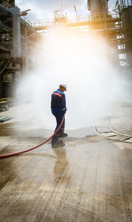 firefighter training exercise fighting a fire attackの写真素材