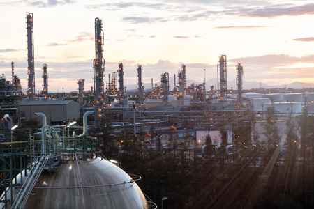 Gas storage spheres tank in oil refinery plant at sunrise,Factory at morning timeのeditorial素材