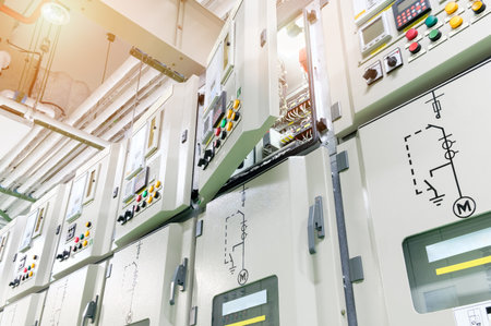 open cover electrical switch gear panel at substation of power plant.