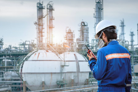 technician stand with gas mask against petrochemical plant background communicate by walkie-talkieの写真素材