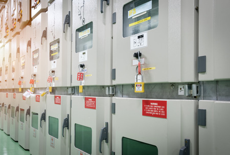 key lock electrical switch gear for isolate system.,Industrial electrical switch panel at substation of power plant.の写真素材