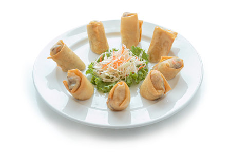 Fried  Traditional Spring rolls food in white ceramic plate (beautiful shape)  on white background. ...