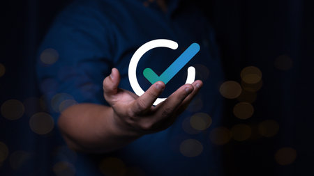 Service guarantee, Validation concept for business process automation, quality assurance management, certification, digital transformation. Businessman show checked icon on hand. Qの写真素材