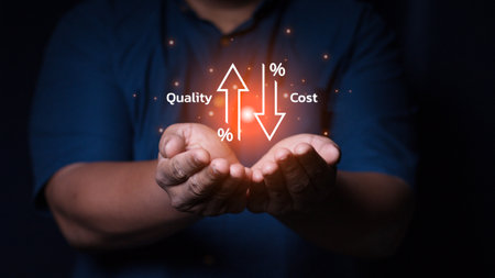 Businessman showing cost with down arrow and quality with up arrow for business project management strategy have to control budget cost and improvement quality of product and serviの写真素材