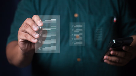 Business performance monitoring concept, businessman using smartphone Online survey filling out,...