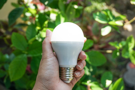 Bright LED bulb in hand with nature backgroundの写真素材