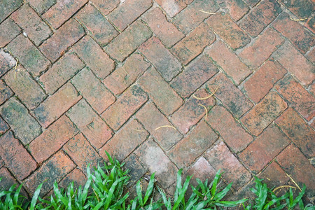 Creative old brick pathway texture with green fresh grass at the bottomの写真素材