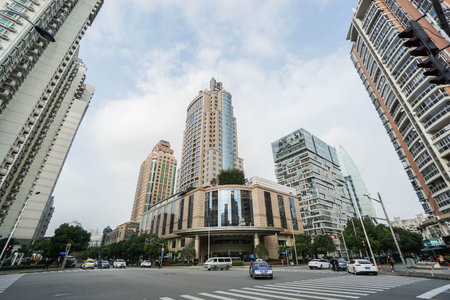 street view in front of commercial building in Shanghai downtown taken at Renaissance Hotel on 15...
