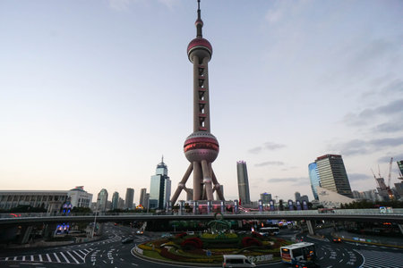 outdoor architecture with Oriental Pearl Tower taken in Shanghai China on 30 November 2016のeditorial素材